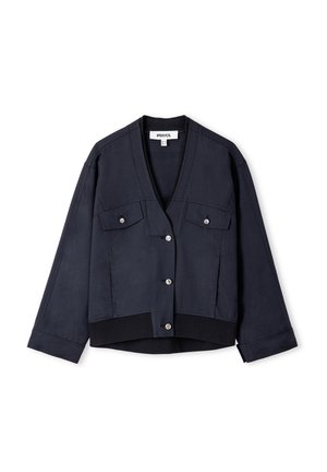 Marineblaue Cropped-Jacke aus Baumwolle mit V-Ausschnitt, Knopfschluss, zwei vorderen Taschen und elastischem Stricksaum.