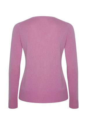 Long-sleeve, fitted pink sweater with ribbed cuffs and hem, displayed flat from the back on a white background.