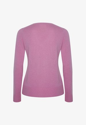 Long-sleeve, fitted pink sweater with ribbed cuffs and hem, displayed flat from the back on a white background.