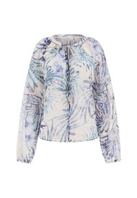 Bluză cu model floral din material ușor, având un design cu frunze de palmier albastre și albe, decolteu rotund și închidere cu șnur în față.