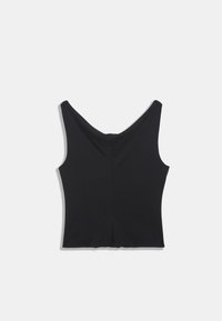 Must mustriga, varrukateta top laia U-kaelusega ja lõikega, mis järgib kehajooni. Valmistatud siledast, venivast kangast, millel on sirge ääris vöökohal.