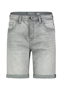 Grey denim shorts with a rolled hem, featuring five pockets, a button closure, and a subtle faded texture. Marked size W32.