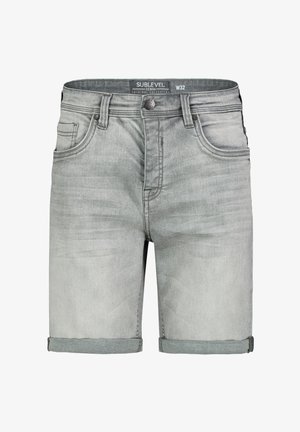 Grey denim shorts with a rolled hem, featuring five pockets, a button closure, and a subtle faded texture. Marked size W32.