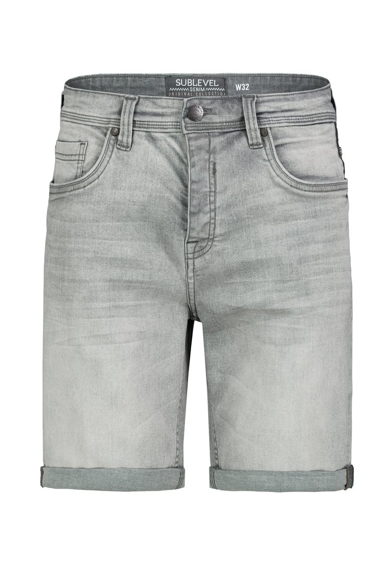 Grey denim shorts with a rolled hem, featuring five pockets, a button closure, and a subtle faded texture. Marked size W32.