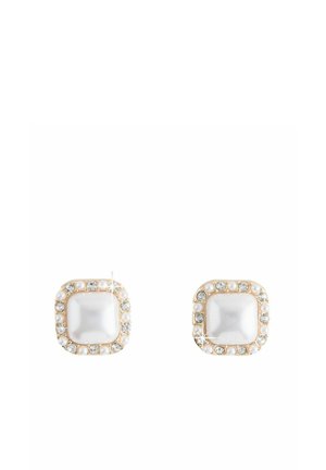 Square pearl earrings bordered with alternating small pearls and clear rhinestones on a gold-tone setting.