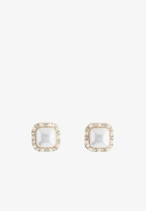 Square pearl earrings bordered with alternating small pearls and clear rhinestones on a gold-tone setting.