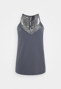 Haut sans manches gris avec des détails en dentelle au niveau de l'encolure et du dos, présentant une coupe en V et une finition en tissu doux.