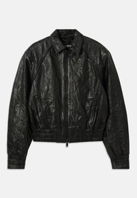 Black leather bomber jacket with a crinkled texture, ribbed cuffs and hem, and a front zipper. Features a classic collar and side pockets.