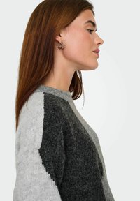 Jeune femme aux longs cheveux bruns portant des boucles d'oreilles en argent et un pull en block coloré gris et noir, de profil, tournant vers la droite.
