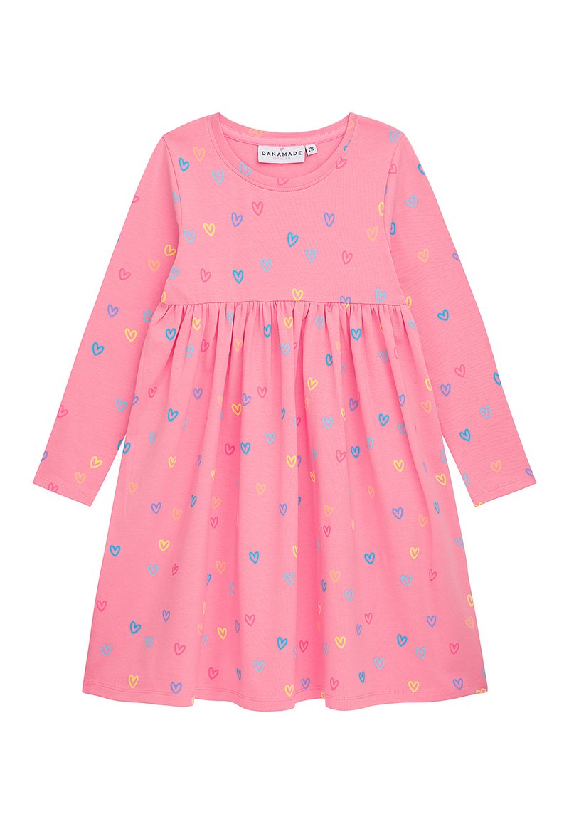 Langärmliges pinkes Kleid aus weichem Stoff, mit einem gerafften Rock und einem Muster aus mehrfarbigen Herzen in Blau, Gelb und Pink.