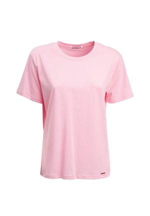 Pink bomulds-T-shirt med korte ærmer, rund halsudskæring, løs pasform og en lille logodetalje nær kanten. Glat tekstur.