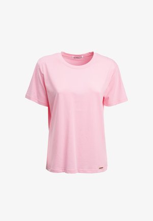 Pink bomulds-T-shirt med korte ærmer, rund halsudskæring, løs pasform og en lille logodetalje nær kanten. Glat tekstur.