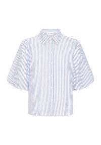 Gestreept shirt met korte mouwen en een knopenlijst aan de voorkant, met blauw-witte verticale strepen, een klassieke kraag en een losse pasvorm.