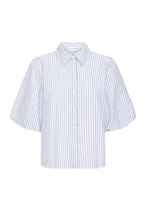 Prugasta košulja kratkih rukava s kopčanjem na gumbe sprijeda, s plavo-bijelim okomitim prugama, klasičnim ovratnikom i opuštenim krojem.