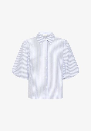 Raidallinen lyhythihainen paitapusero, jossa on nappikiinnitys edessä, sinivalkoiset pystysuorat raidat, klassinen kaulus ja rento istuvuus.