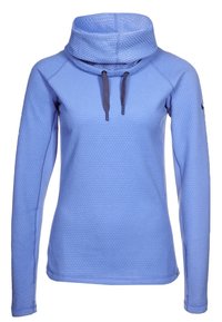 Hellblaues, langärmliges Sweatshirt aus strukturiertem Stoff, mit einem hohen Kragen und einem Kordelzug sowie Akzentnähten an den Kanten.
