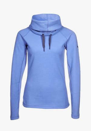 Vaaleansininen pitkähihainen collegepaita, joka on valmistettu teksturoidusta kankaasta. Siinä on korkea kaulus, jossa on naru, sekä korostetut saumat reunoissa.