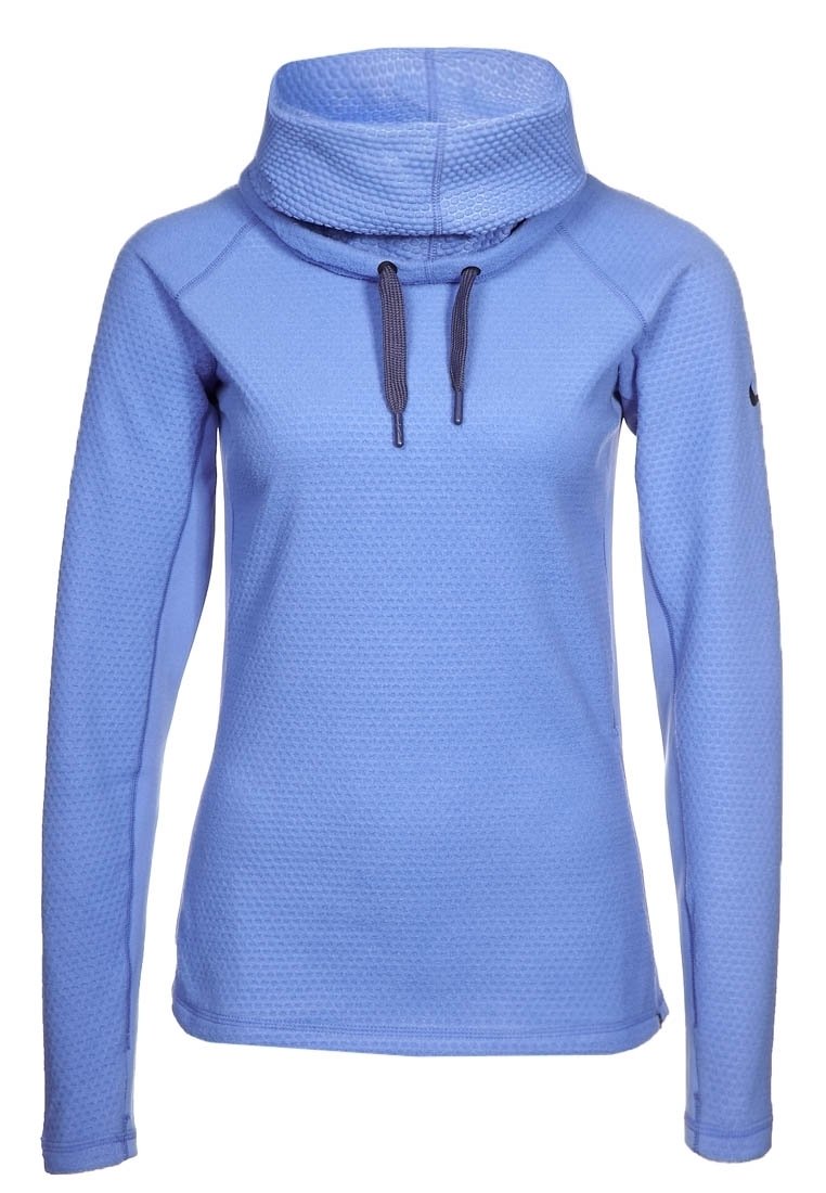 Hellblaues, langärmliges Sweatshirt aus strukturiertem Stoff, mit einem hohen Kragen und einem Kordelzug sowie Akzentnähten an den Kanten.