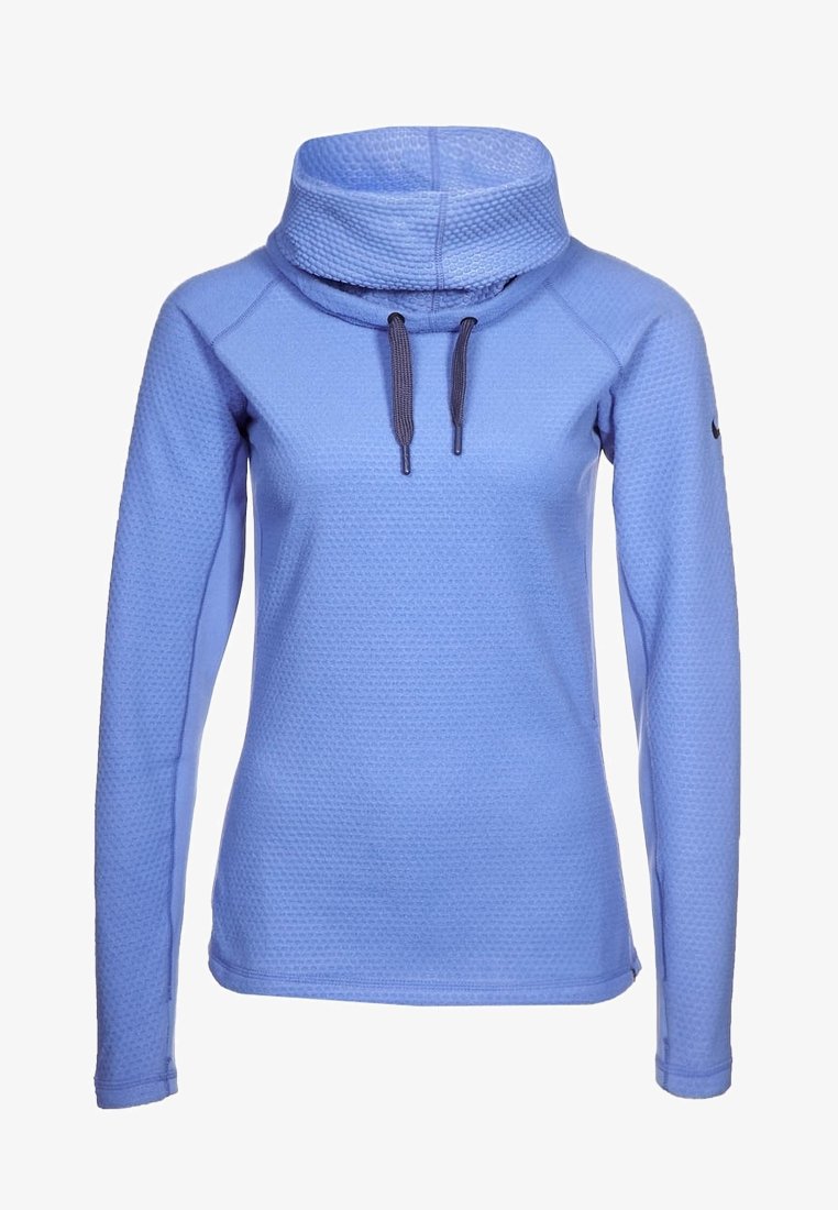 Hellblaues, langärmliges Sweatshirt aus strukturiertem Stoff, mit einem hohen Kragen und einem Kordelzug sowie Akzentnähten an den Kanten.