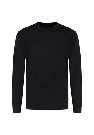 Felpa nera con scollatura rotonda e maniche lunghe. Presenta un logo discreto sul petto, orlo e polsini testurizzati.