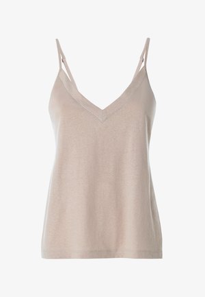 Top beige senza maniche da donna con sottili spalline regolabili e scollo a V.