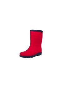 Botte en caoutchouc rouge avec un col bleu marine, présentant un design texturé et une semelle striée pour une meilleure adhérence. Hauteur mi-mollet, en matériau imperméable.