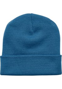 Niebieska dzianinowa czapka beanie z ściągaczem, o gładkiej fakturze i dopasowanym kroju, idealna na zimne dni.