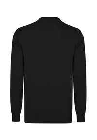 Schwarzer Pullover mit langen Ärmeln und rundem Kragen, aus einem glatten, strukturierten Strick gefertigt. Verfügt über enge Bündchen und einen geraden Saum.