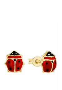 Orecchini a forma di coccinella rossa con macchie nere, accenti in metallo dorato e finitura lucida in smalto. Chiusura a pressione per una vestibilità sicura.