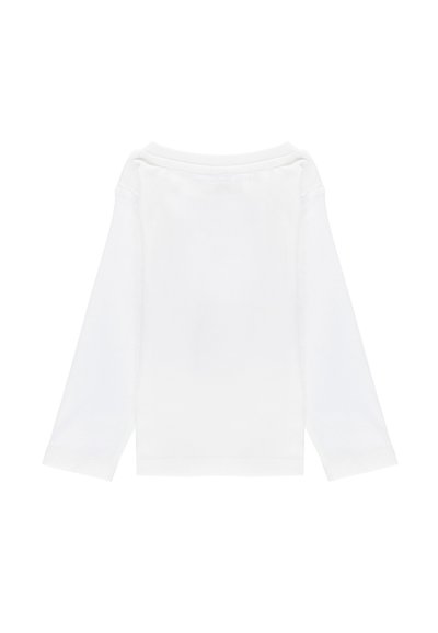 Camicia bianca a maniche lunghe in cotone con vestibilità rilassata, scollatura rotonda e cuciture minime. Texture liscia e design semplice senza decorazioni.