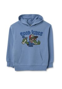 Sudadera con capucha azul claro con un gráfico de un caimán de dibujos animados con gafas de sol y gorra, texto "BUENAS ONDAS" y un bolsillo delantero.