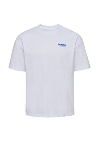 White cotton T-shirt with a round neckline, short sleeves, and "hummel" logo in blue and pink on the left chest area. Regular fit.
