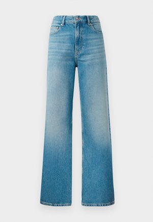 Light blue wide-leg jeans with a high waist, featuring a faded wash, five-pocket design, and metal button closure. Denim texture evident.