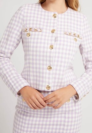 Lavender checkered jacket in textured fabric, featuring gold buttons and chain accents, with a round neckline and two chest pockets.