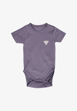 Lila Kurzarm-Overall aus weicher Baumwolle. Verfügt über einen bequemen Rundhalsausschnitt, Druckknöpfe an der Schulter und florale Stickereien.