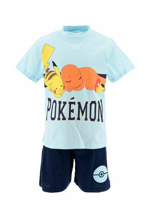 Light blue shirt with sleeping Pikachu and Charmander above "Pokémon" text, paired with dark blue shorts featuring a Poké Ball symbol.