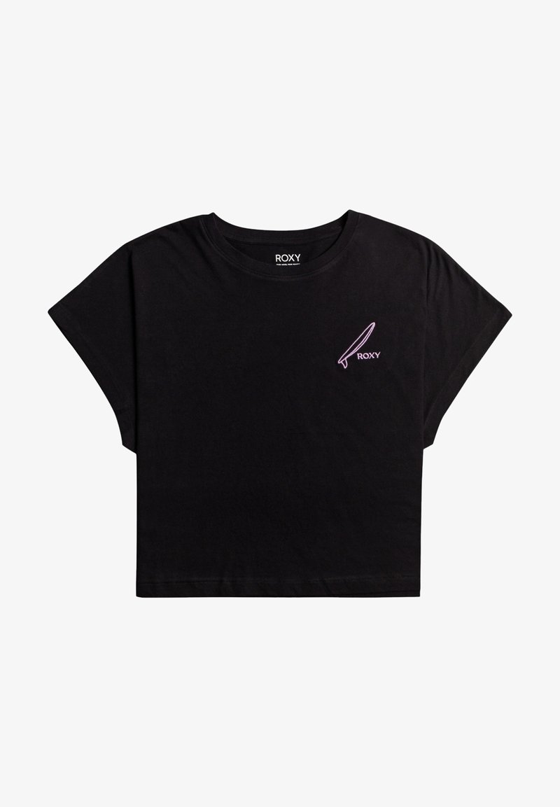 Musta puuvillainen lyhythihainen t-paita, jossa on pyöreä kaulus ja pieni violetti surffilaudan logo vasemmassa rinnassa.