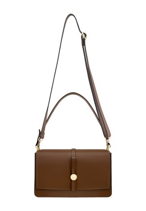 Brown leather handbag with a rectangular shape, a front flap, a gold button closure, and an adjustable strap for crossbody wear.