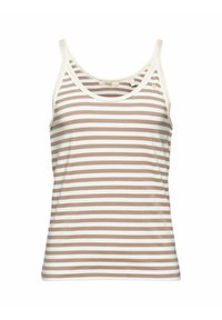 Camiseta de tirantes a rayas en tela suave, con franjas horizontales alternando entre beige claro y blanco, con un escote redondeado y tirantes finos.