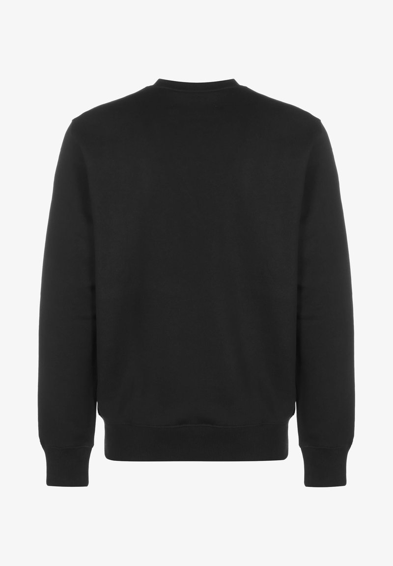 Black crewneck sweatshirt with long sleeves and ribbed cuffs and hem, shown from the back on a white background.