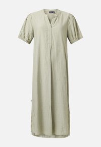 Robe midi ample vert clair froissée avec des manches courtes bouffantes et un petit col en V.