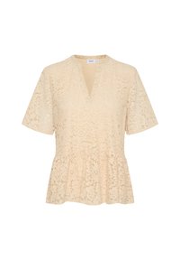 Beige lace top with short sleeves, V-neckline, and peplum hem. Features floral pattern and sheer texture throughout the garment.
