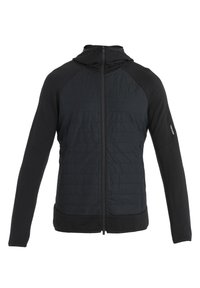 Black insulated jacket with a zip front, featuring a quilted panel on the torso and soft fabric on the sleeves and sides.
