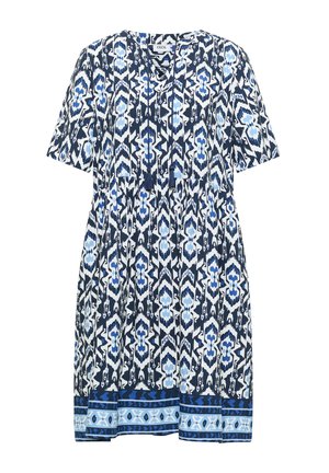 Kratší šaty s krátkým rukávem a délkou ke kolenům s modrým, námořnickým a bílým geometrickým potiskem a střapcovými šňůrkami na výstřihu do V, s vzorovaným lemem.