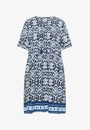 Vestito corto con maniche corte fino al ginocchio con stampa geometrica nei toni del blu, navy e bianco e nastri con nappine sulla scollatura a V, con bordo orlo decorato.