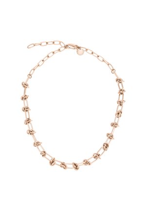 Roze-gouden ketting met ovale schakels die zijn verstrengeld met kleine knopen, een gestructureerd oppervlak en een minimalistisch ontwerp met een karabijnsluiting.