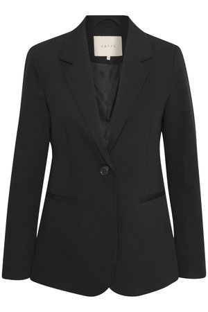 Schwarze Blazer mit einem einzigen Knopf, spitzen Revers und zwei vorderen Taschen. Glattes Gewebe mit strukturiertem Schnitt und dezentem Glanz.