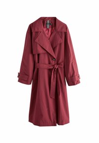 Pikk burgundia värvi trench coat, millel on laiad kraed, vöödiga talje, ühekohaline nööp ja mansetiharrastused, esitatud valgel taustal.