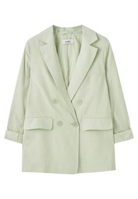 Lysegrøn dobbeltradet blazer med opkrullede ærmer, der har to forlommer og glat stoftekstur. Label synlig indvendigt.