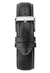 Black leather watch strap with crocodile texture, white stitching, silver buckle, and brand logo "Sekonda" embossed on the leather.